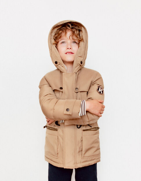 Boys' beige mixed fabric hooded fur-lined parka