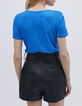 Top bleu bi matière encolure bords-côtes rayés Femme-3