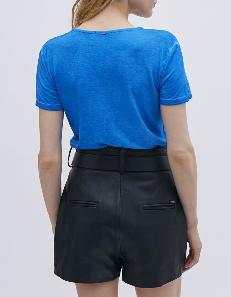 Top bleu bi matière encolure bords-côtes rayés Femme-3 Top bleu bi matière encolure bords-côtes rayés Femme-3
