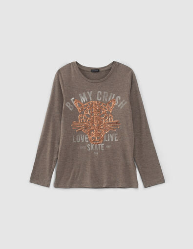 Camiseta caqui calavera leopardo lentejuelas niña - IKKS