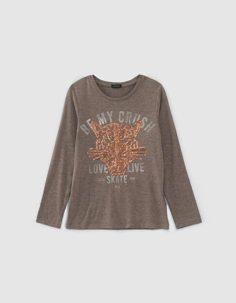 Khaki Mädchenshirt mit Leopardenkopf und pailletten - IKKS