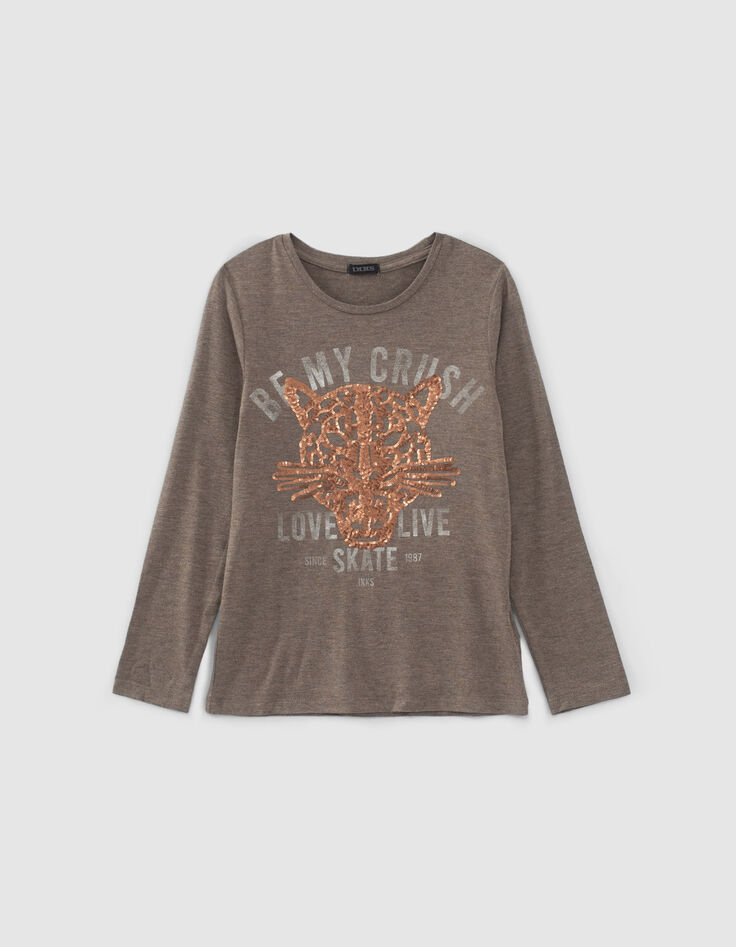 Camiseta caqui calavera leopardo lentejuelas niña-1