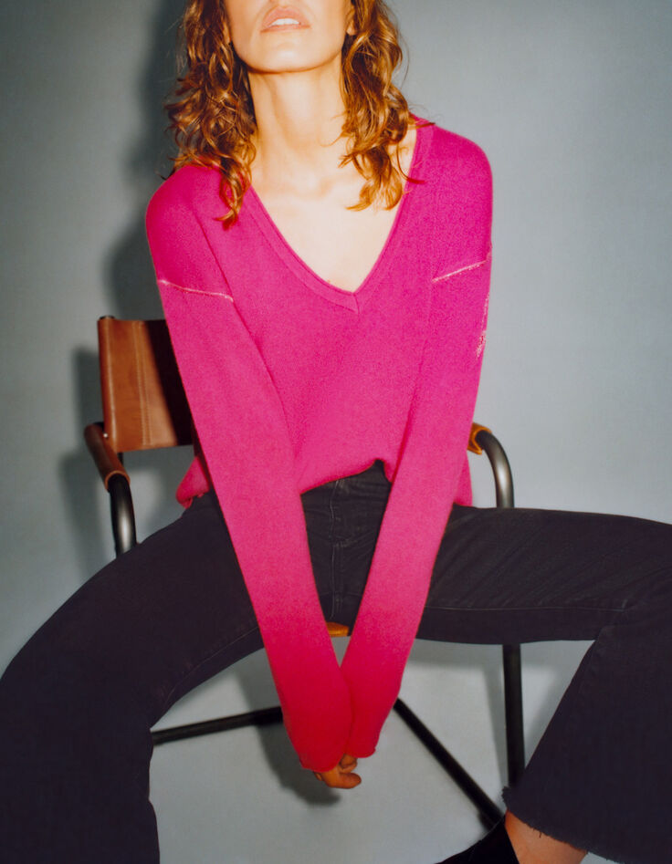 Women’s neon pink pure cashmere knit V-neck sweater-1