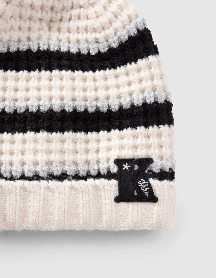Cremeweiße Mädchenstrickmütze mit Lurex und Streifen-4