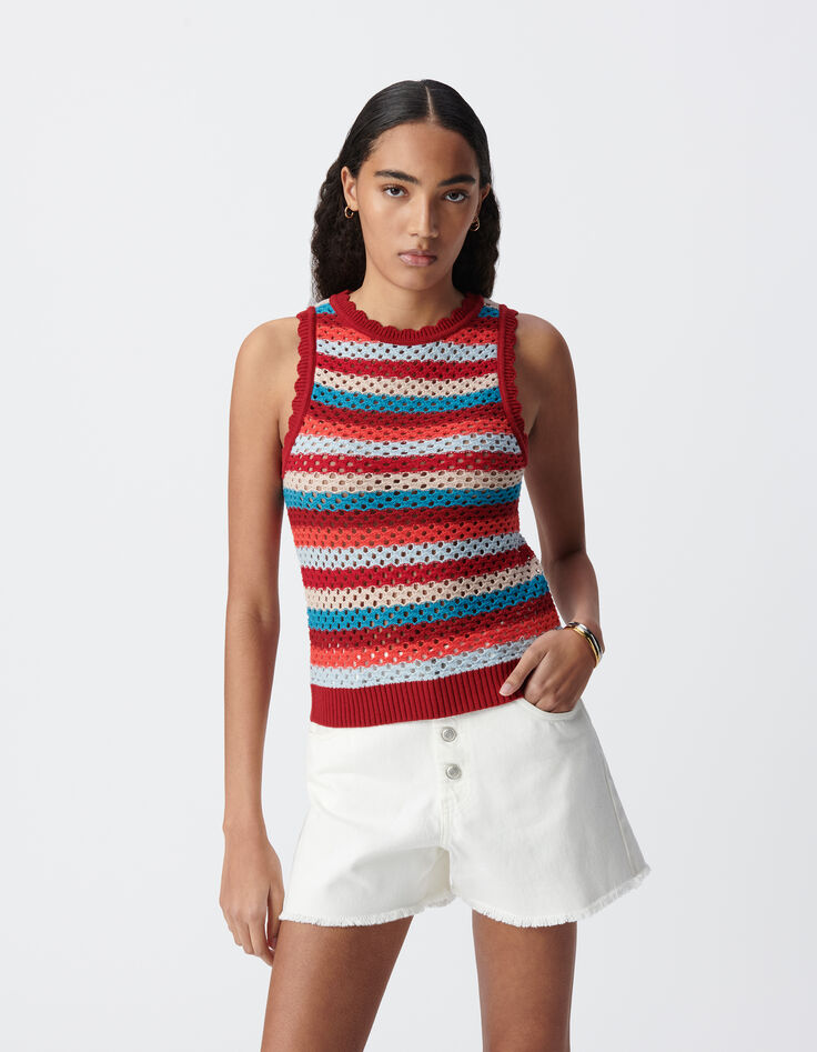 Top rouge tricot ajouré motif rayures Femme-3