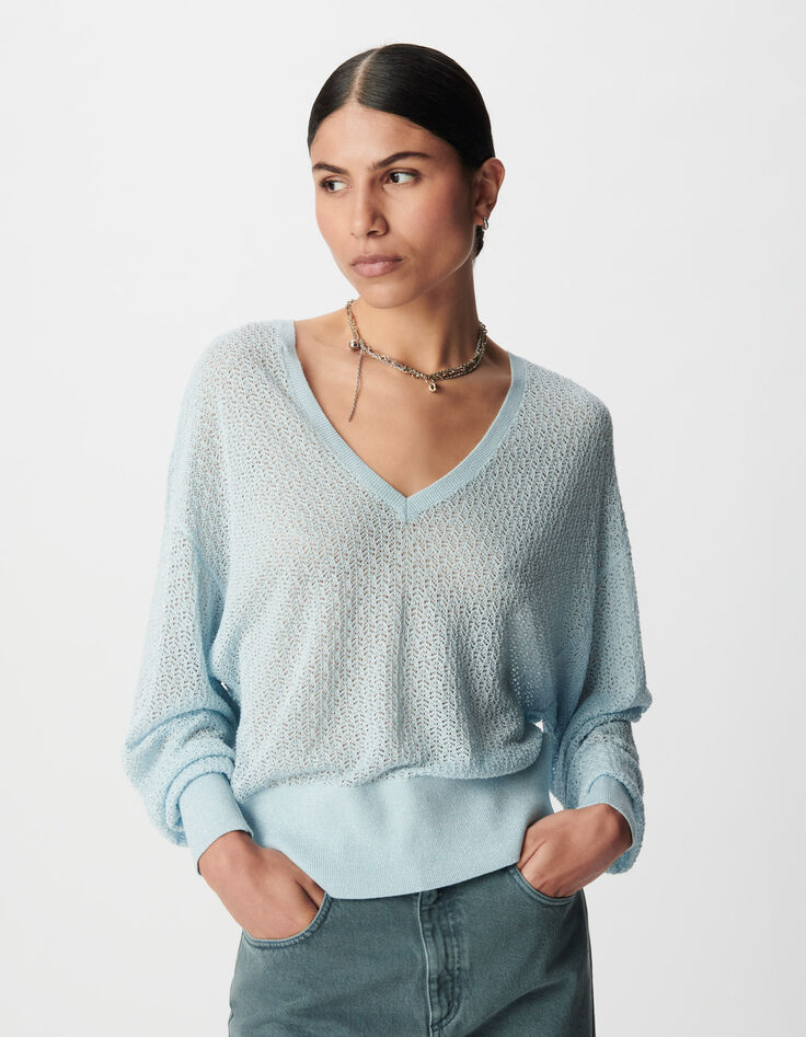 Pull chic bleu tricot fantaisie paillet&eacute; ajour&eacute; Femme-2