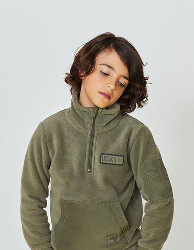 Boys’ khaki fleece zipped sweatshirt+nylon kangaroo pocket - IKKS