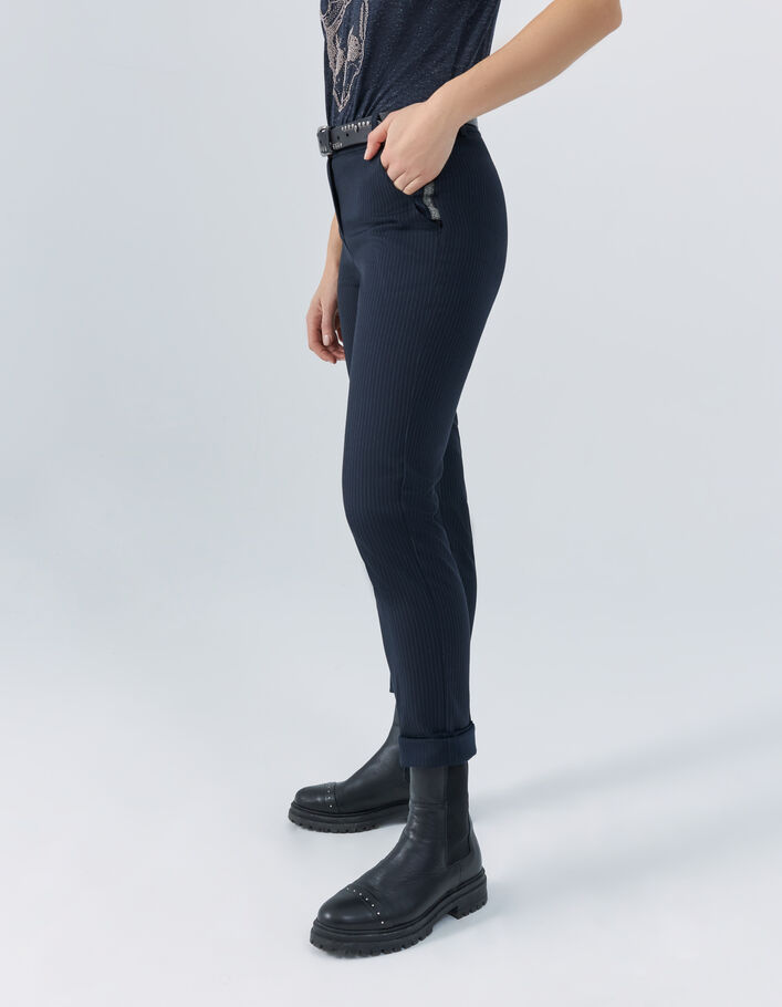 Marineblauwe rechte geklede broek met pinstripes dames - IKKS