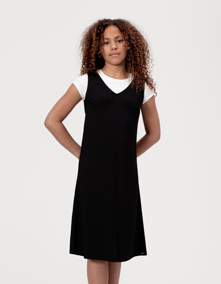 Girls’ 2-in-1 black midi dress and white cropped T-shirt-1 Girls’ 2-in-1 black midi dress and white cropped T-shirt-1
