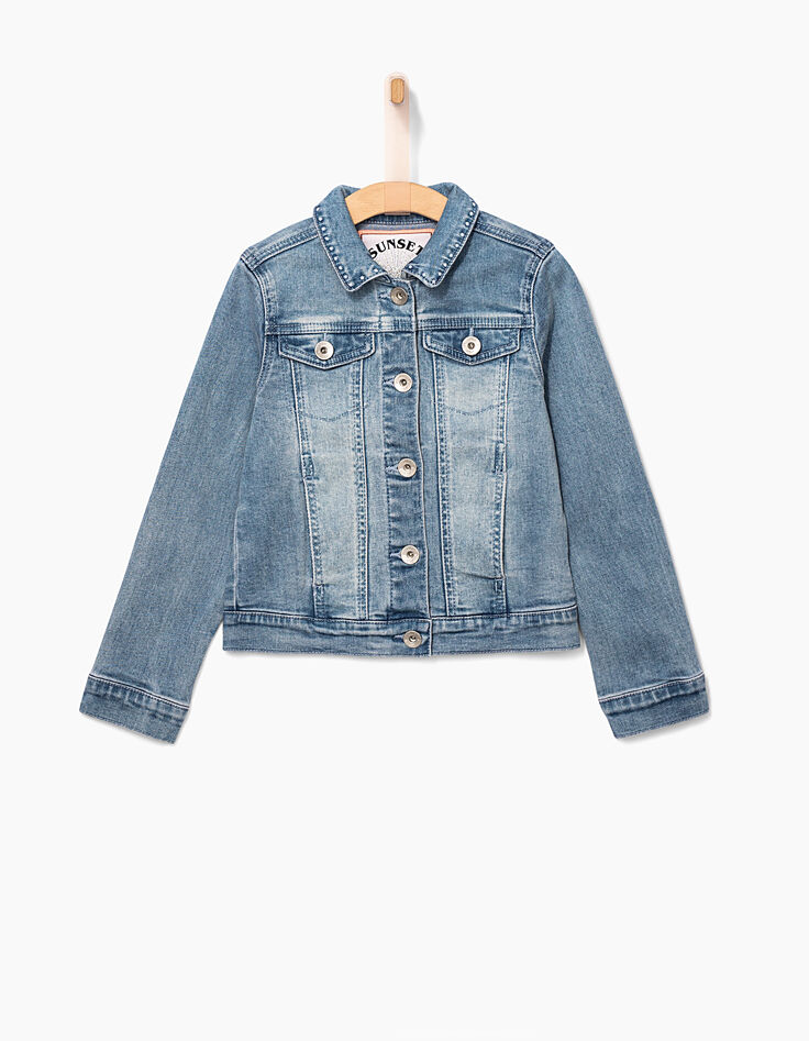 Veste en jean blue bleach à broderies pour fille-3