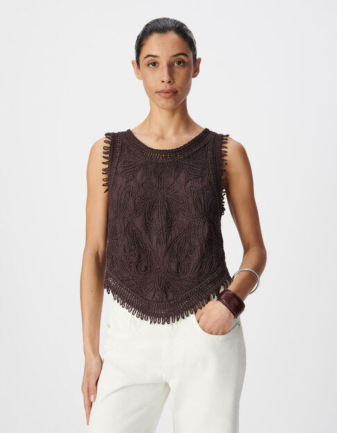 Top sans manches bordeaux motifs brod&eacute;s crochet Femme - IKKS