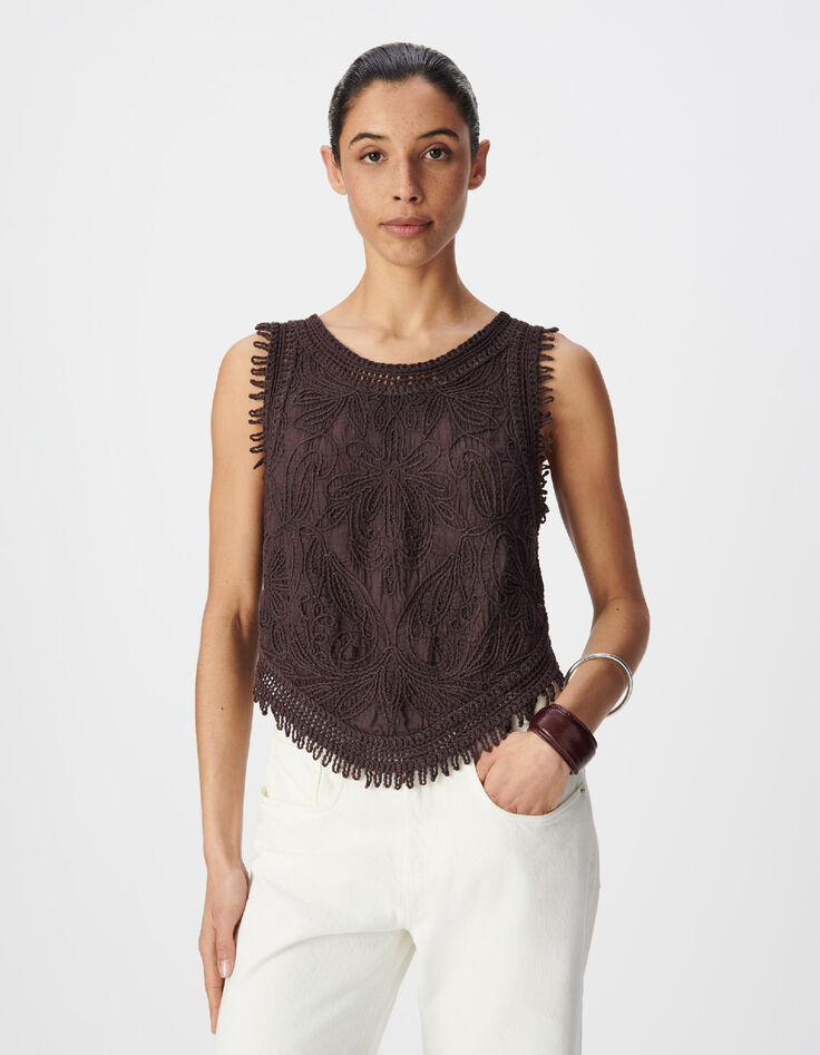 Top sans manches bordeaux motifs brod&eacute;s crochet Femme-2