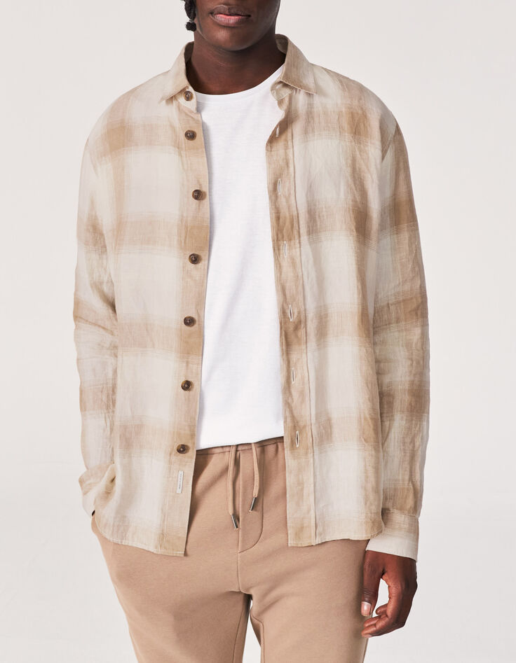 Men’s light brown check linen REGULAR shirt-1