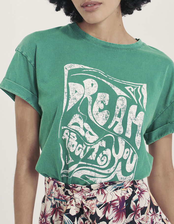 Tee-shirt col rond coton bio vert visuel message femme-4