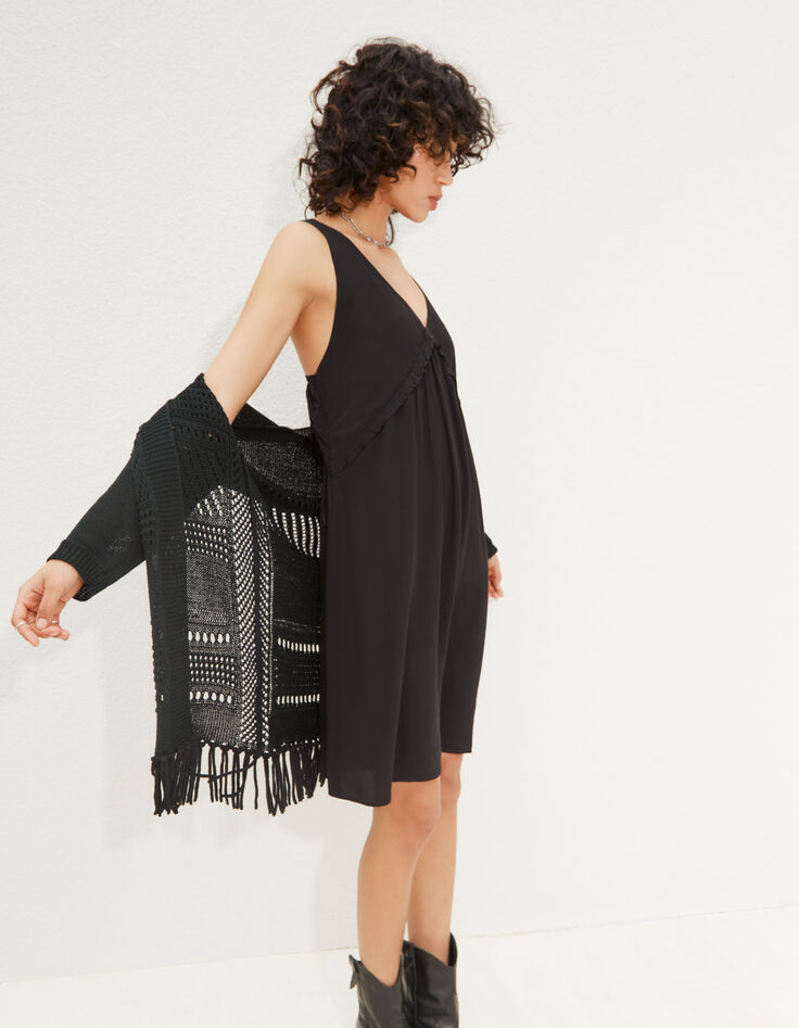 Schwarze gepunktete Damen-Strickjacke mit Fransen-2