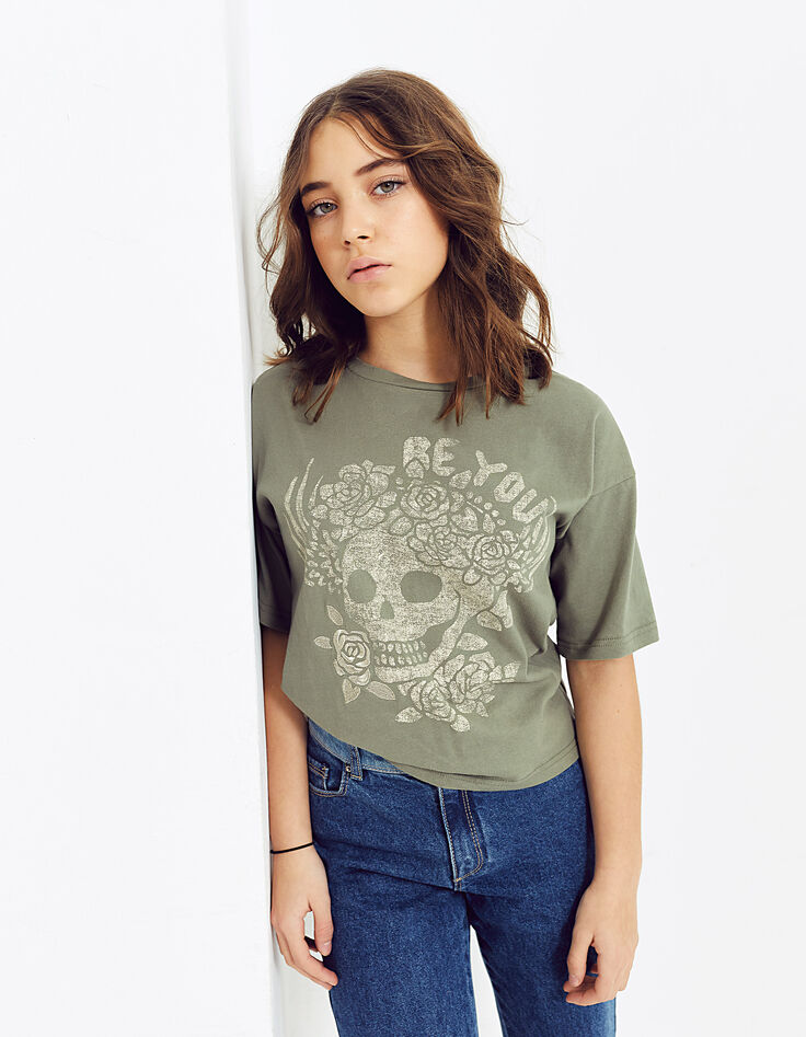 Girls&rsquo; worn khaki skull image T-shirt-5