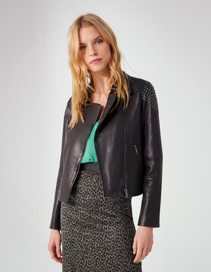 Women’s black leather stud shoulder/collar zipped jacket-2