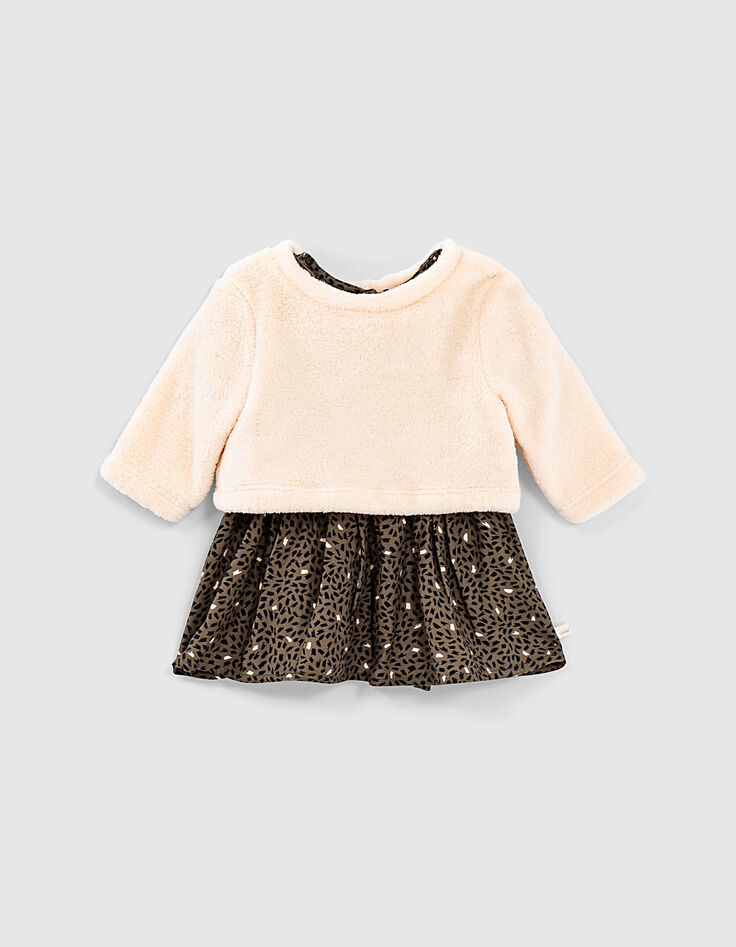 Baby girls’ khaki print 2-in-1 dress with soft cardi-1