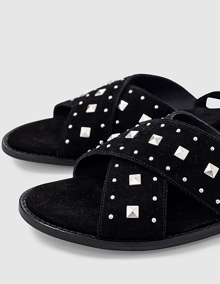 Sandales plates à lacet en cuir noir détails clous femme-4