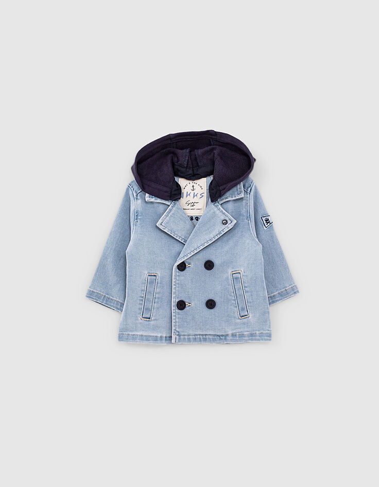 Baby boys’ denim hooded pea coat with embroidered back-1 Baby boys’ denim hooded pea coat with embroidered back-1