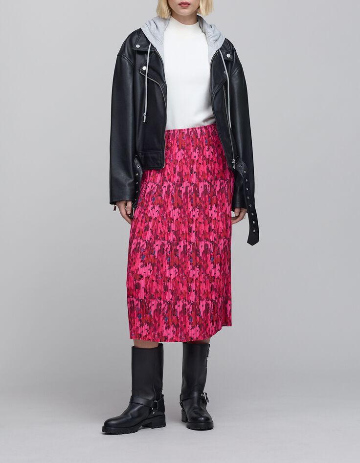 Roze plooirok met origamibloemenprint voor dames-1 Roze plooirok met origamibloemenprint voor dames-1