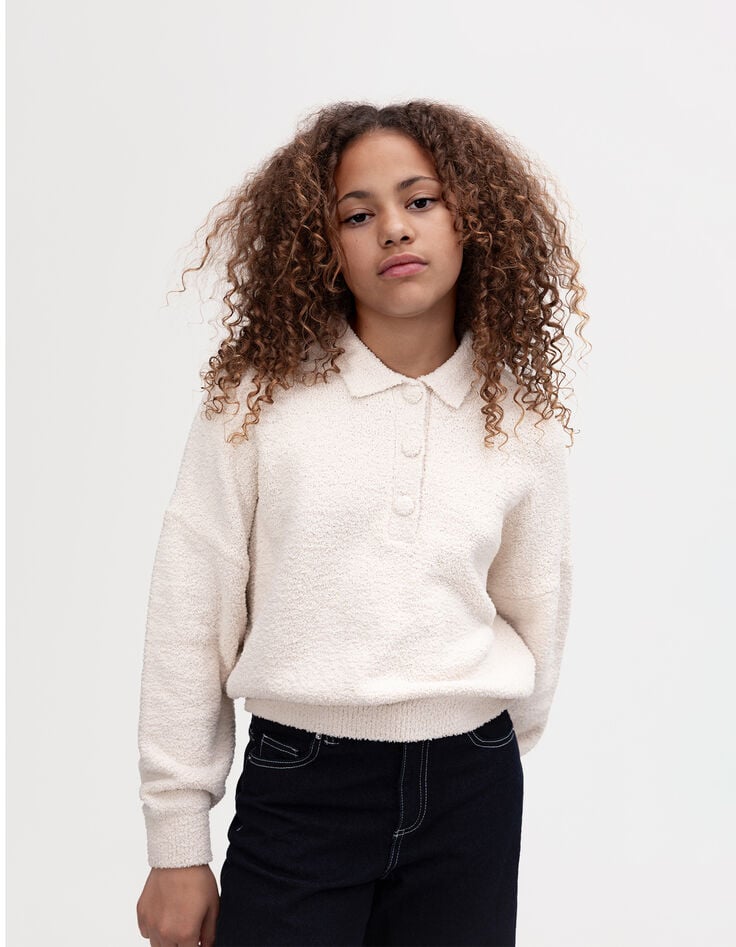 Beiger Mädchenpullover aus Frottee mit Knopfleiste-3