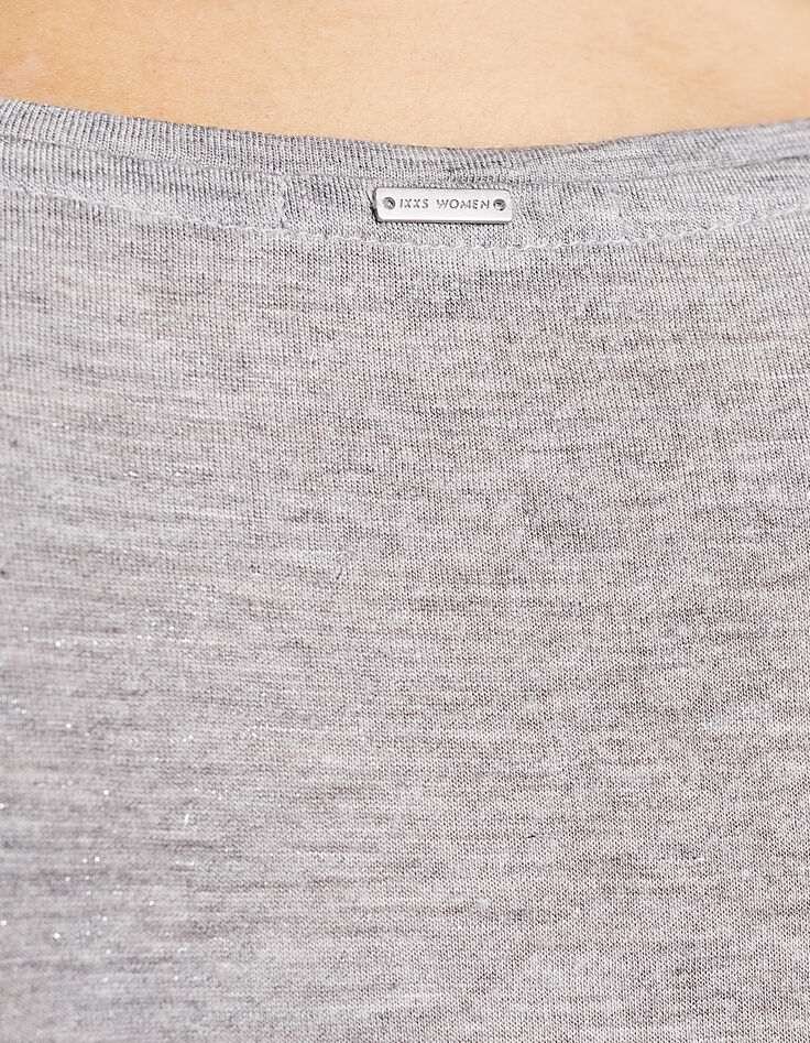 Tee-shirt col V gris métallisé visuel tête de mort femme-4