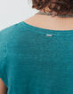 Tee-shirt en lin col V coloris bleu éclair brodé dos femme-4