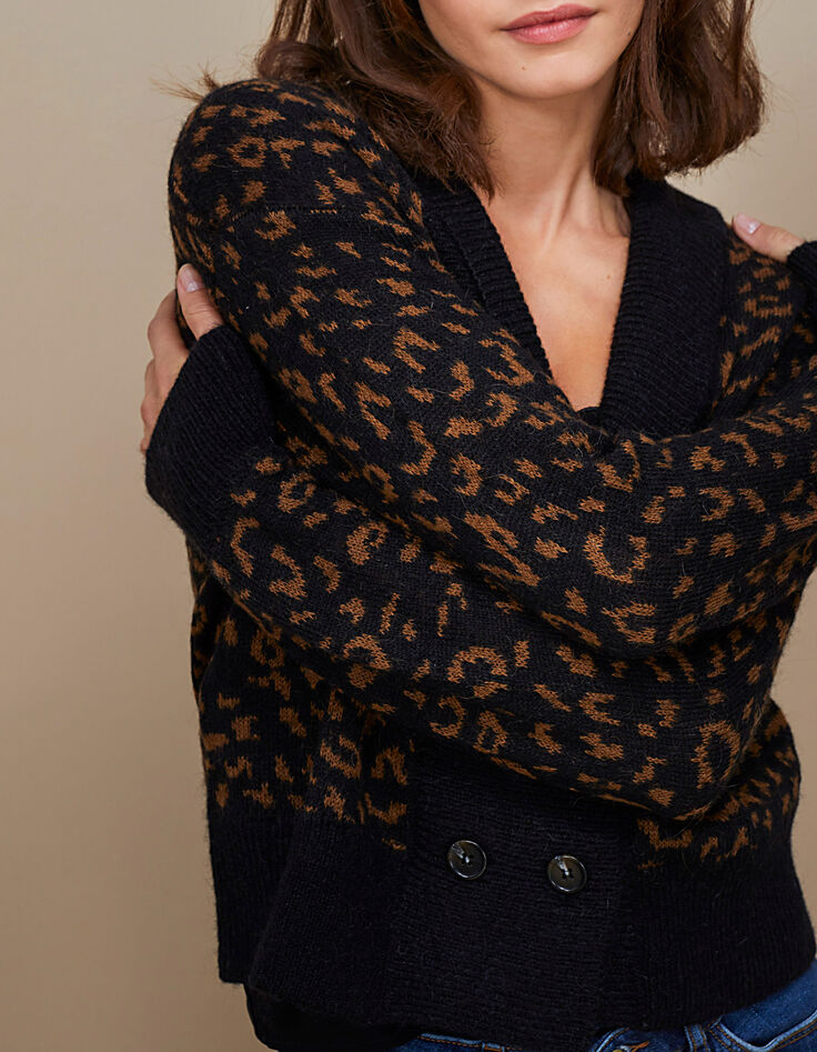 Cardigan fauve en tricot motif l&eacute;opard I.Code-1