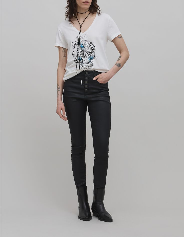Tee-shirt blanc cass&eacute; t&ecirc;te de mort et broderie Femme-2