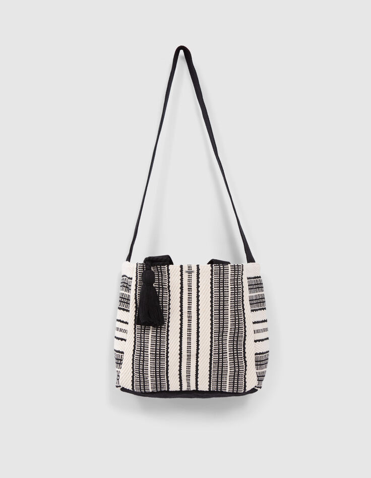 Bolso cab&aacute;s negro y crudo tejido maxi borla ni&ntilde;a-2
