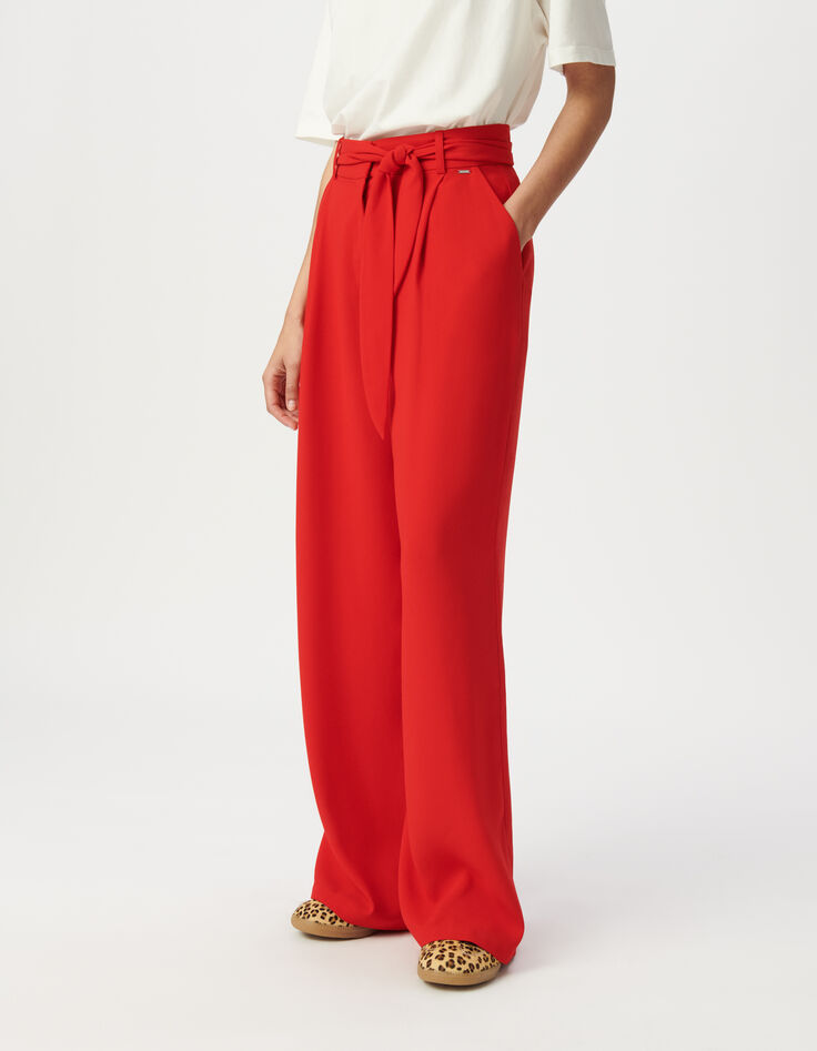 Rode brede geklede broek met ceintuur Dames-2