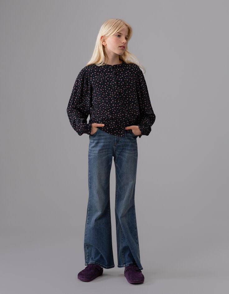 Zwarte blouse print miniroosjes meisjes-1 Zwarte blouse print miniroosjes meisjes-1