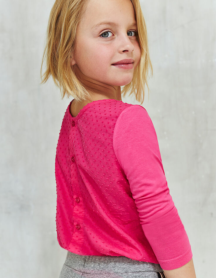 Tee-shirt fuchsia à dos bi-matière boutonné fille-2