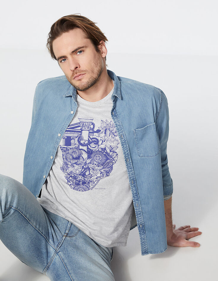 Tee-shirt gris clair chiné tête de mort végétalisée Homme-1 Tee-shirt gris clair chiné tête de mort végétalisée Homme-1