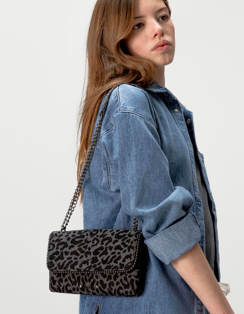 Sac à main noir imprimé léopard bordure microbilles fille - IKKS