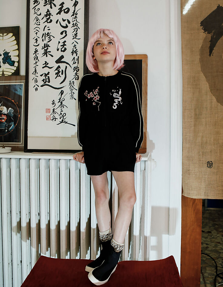 Combi-short noir esprit bomber avec broderies fille-2 Combi-short noir esprit bomber avec broderies fille-2