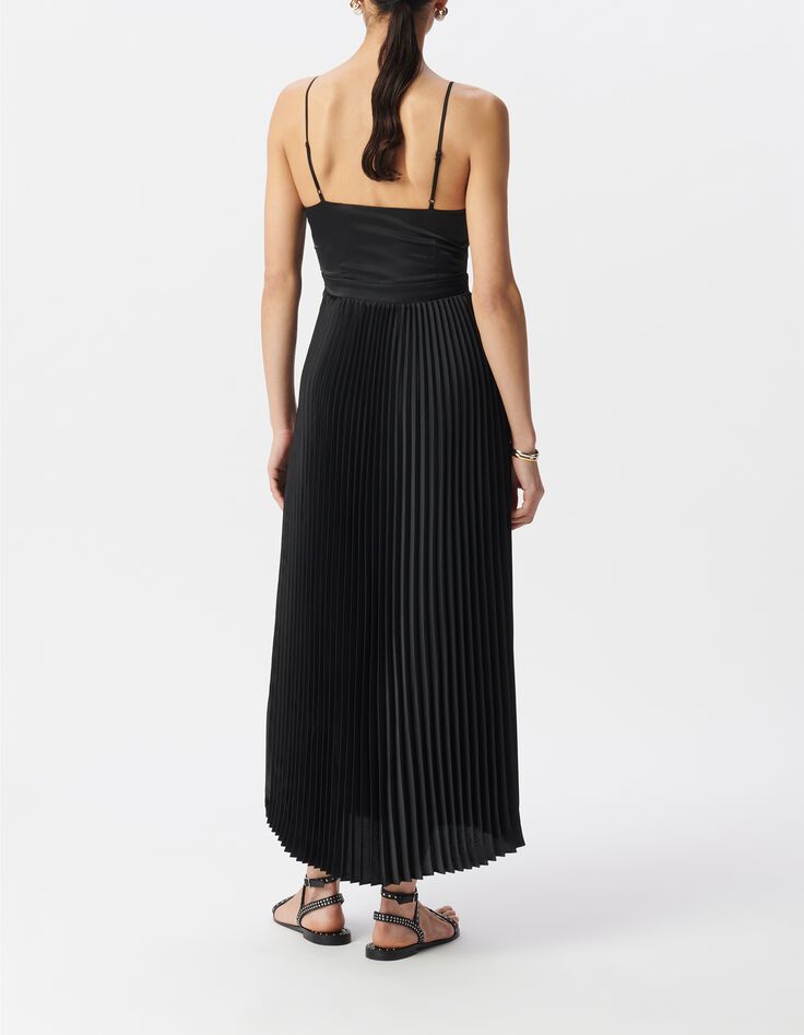 Robe longue noire pliss&eacute;e fines bretelles Femme-3