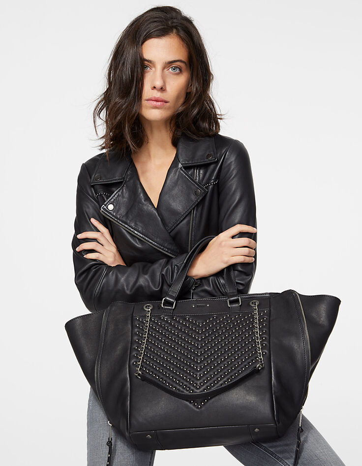 Bolso cabás cuero negro EL 1440 ROCK acolchado chevrones tachuelas mujer-7