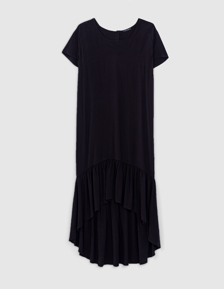 Zwarte jurk in crêpe asymmetrische lengte knopen rug dames-1