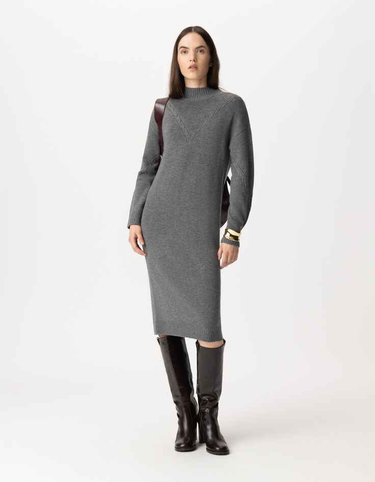 Robe pull grise tricot torsades placées Femme-2 Robe pull grise tricot torsades placées Femme-2
