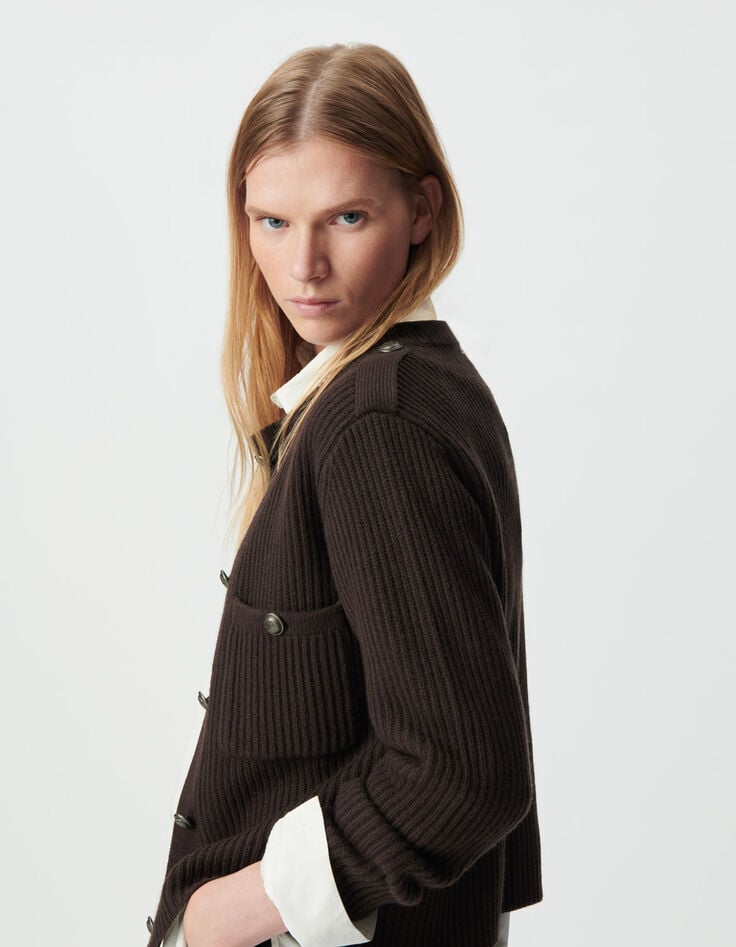 Braune Damen-Kurzstrickjacke 100 % Rippwolle-4 Braune Damen-Kurzstrickjacke 100 % Rippwolle-4