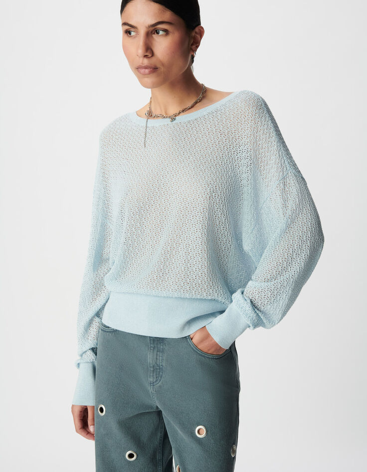 Pull chic bleu tricot fantaisie paillet&eacute; ajour&eacute; Femme-4