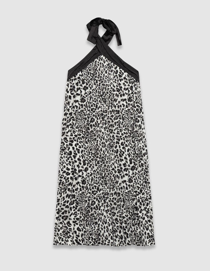 Grijze plisséjurk blote rug polyester panter Dames-1 Grijze plisséjurk blote rug polyester panter Dames-1