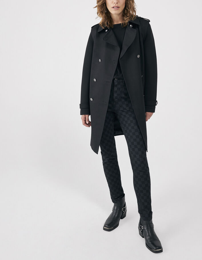 Women’s black mixed fabric trench coat + neoprene sleeves - IKKS