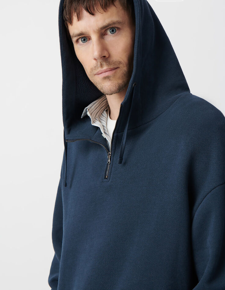 Inktblauwe sweater met kap en ritskraag Heren-5