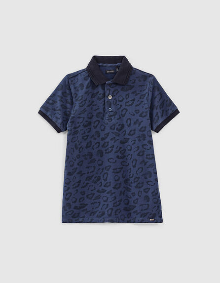 Boys’ indigo leopard motif organic polo shirt 