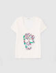 Weißes Damen-T-Shirt mit Totenkopf- und Blumenprint-1