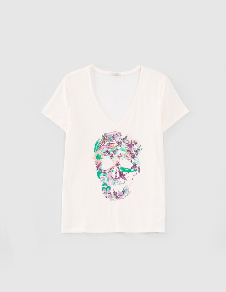 Weißes Damen-T-Shirt mit Totenkopf- und Blumenprint-1