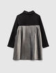 Robe courte noire et argent bi matière plissée fille-4